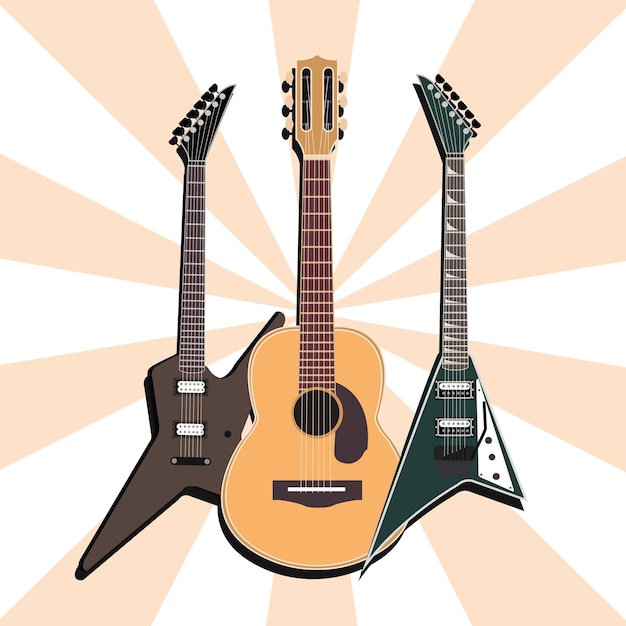 acoustic and electric guitars musical instrument, sunburst background  illustration