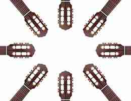 Vector acoustic guitar headstocks arranged in a circular shape musical vector background with copy space
