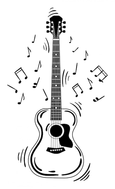 Акустическая гитара издает звук. Черно-белая гитара с нотами. Музыкальный инструмент.