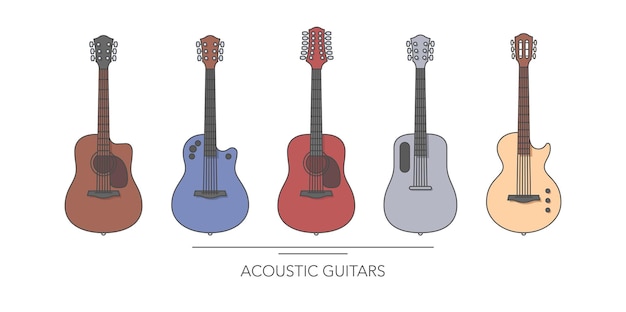 アコースティック ギター セット アウトライン カラフルなギター白背景ベクトル イラスト