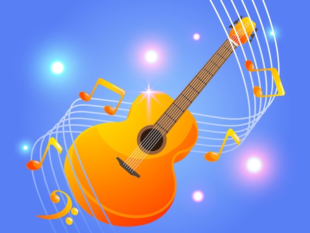 Vector acoustic guitar with elegant musical notes music
