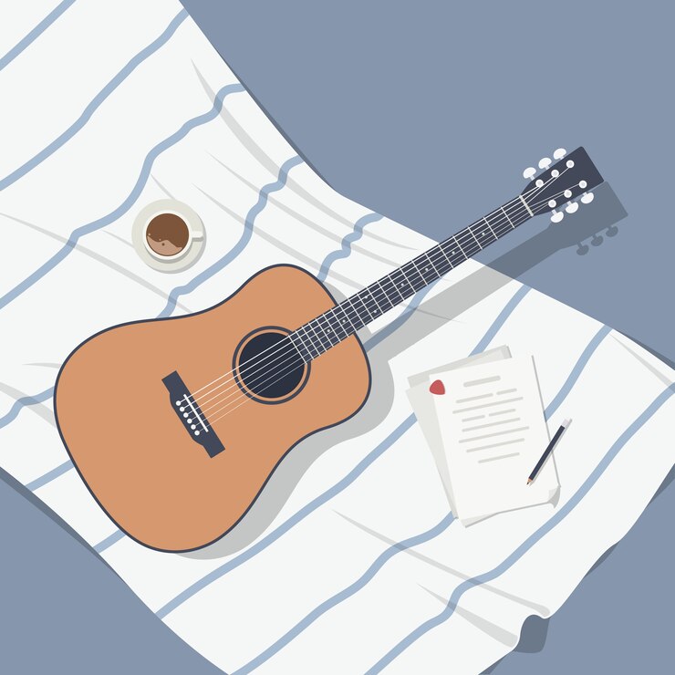 Vector acoustic guitar with music notes on a white-blue blanket