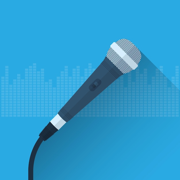 Vector acoustic microphone with wire, on a blue background with an equalizer. flat style with shadow. 10 eps