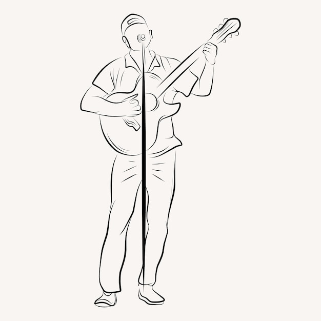 Vector acoustic musician play guitar line art illustration