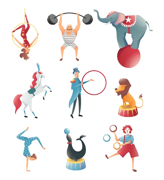 Vector acrobats with animals in the circus