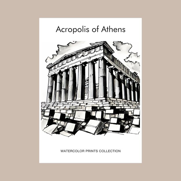 Vector acropolis of athens watercolor vintage painting printable wall art