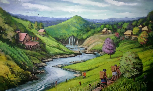 Vettore illustrazione della pittura di stile di vita della zona montuosa del paesaggio di colore acrilico