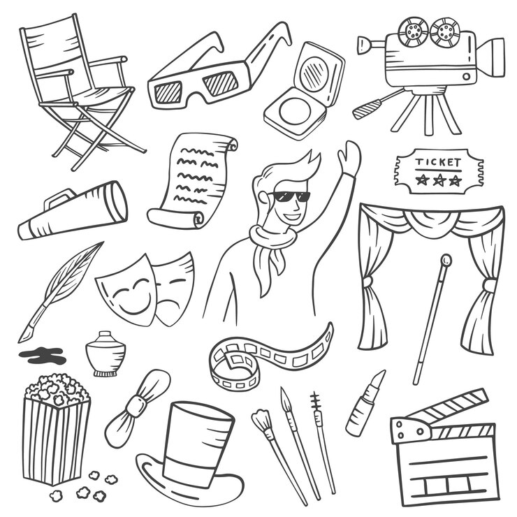 Acteur of kunstenaar banen of beroep doodle handgetekende set collecties met overzicht zwart-wit stijl