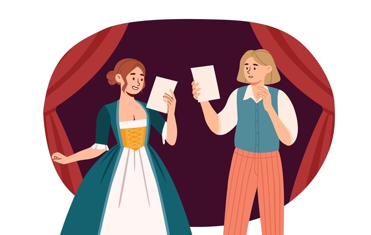 Vector acteurs op het podiumconcept man en vrouw met scenario op scène theatervoorstelling culturele rust en vrije tijd mensen op het podium in de buurt van rode gordijnen cartoon platte vectorillustratie