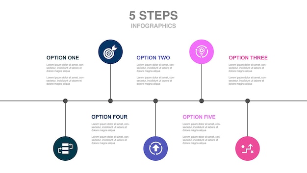 Actieplan verbetering strategie implementatie doel pictogrammen Infographic ontwerp lay-out sjabloon Creatief presentatieconcept met 5 stappen