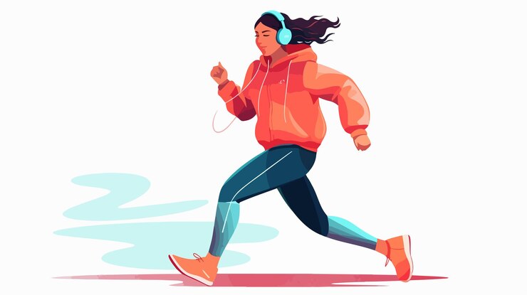 Vector actieve levensstijl zijkant van lopen vrouw met koptelefoon en tracksuit