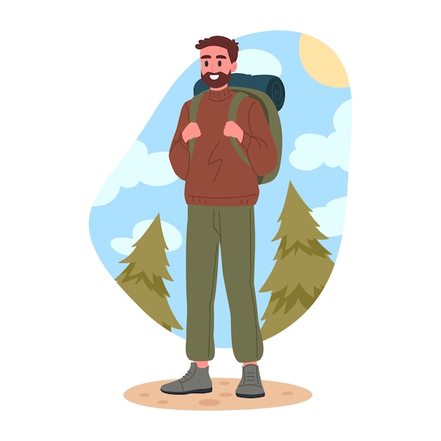 Actieve man op wandeling Trekking en backpacking mannelijk personage wandelen toeristische outdoor avontuur platte vector illustratie Man wandelen op wilde natuur pad