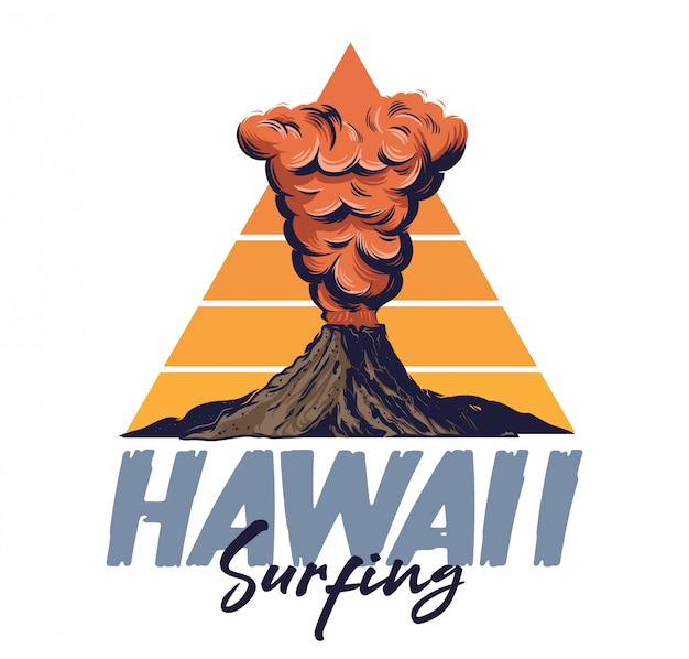 Actieve vulkaan met vuur hete lava dikke rode rook op berg. hawaii eiland surfen stijl illustratie