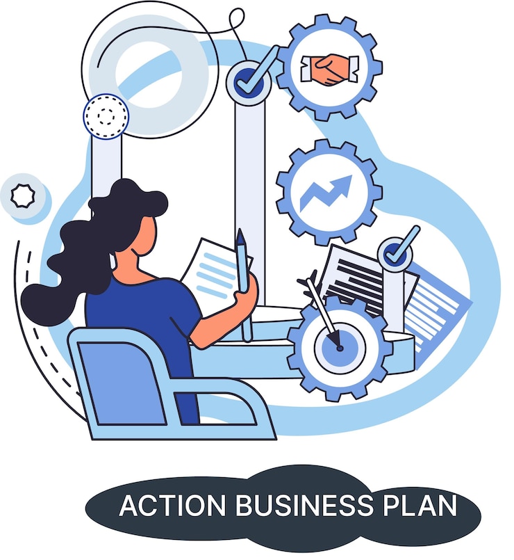 Vector action business plan development strategies foreseeing market risks company success secret idea growing business achieve target metaphor study production and sales market strategic biz planning