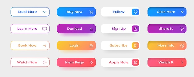 action button website and application interface elements design buy now share follow click and sign up web ui graphic icons modern game digital square border with lettering vector app symbols set