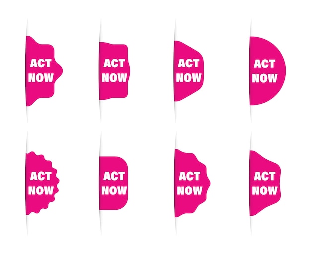 Action now set of labels Advertising icons that look from the side Marketing red sings