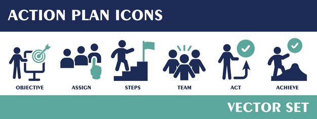 Vector action plan icons containing objective assign steps team act achieve flat design vector set