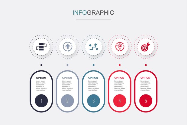 Action plan improvement strategy implementation target icons infographic design template creative concept with 5 steps