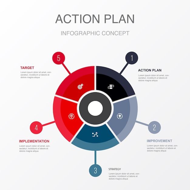 Action plan improvement strategy implementation target icons Infographic design template Creative concept with 5 steps