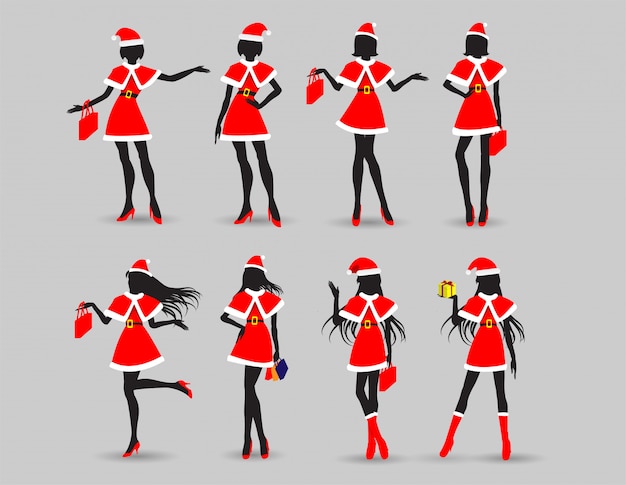 Vector action women in santa suit, merry christmas, happy new year.