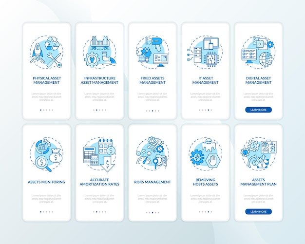 Activabeheer onboarding mobiele app-paginascherm met ingestelde concepten