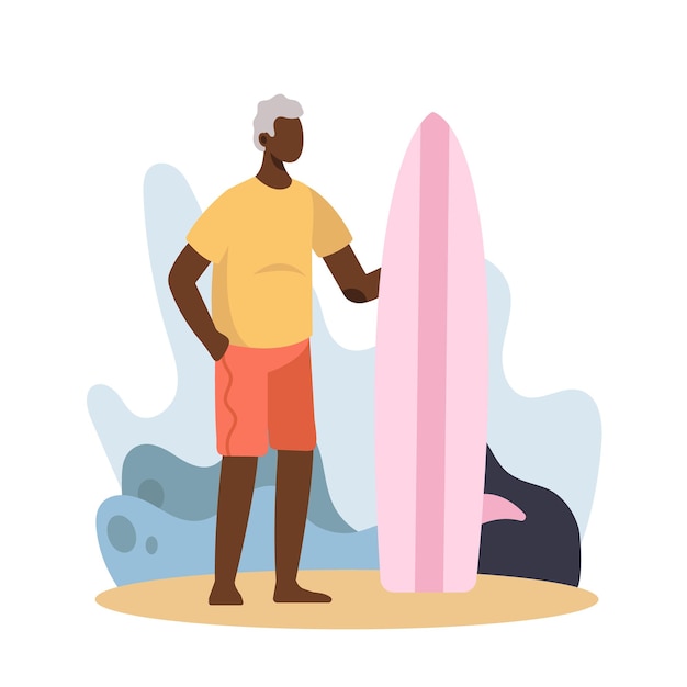 Vector active american man standing on beach near surfboard