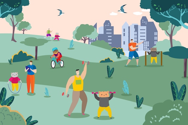 active cartoon cats character do sport exercise vector illustration fitness at nature park outdoor