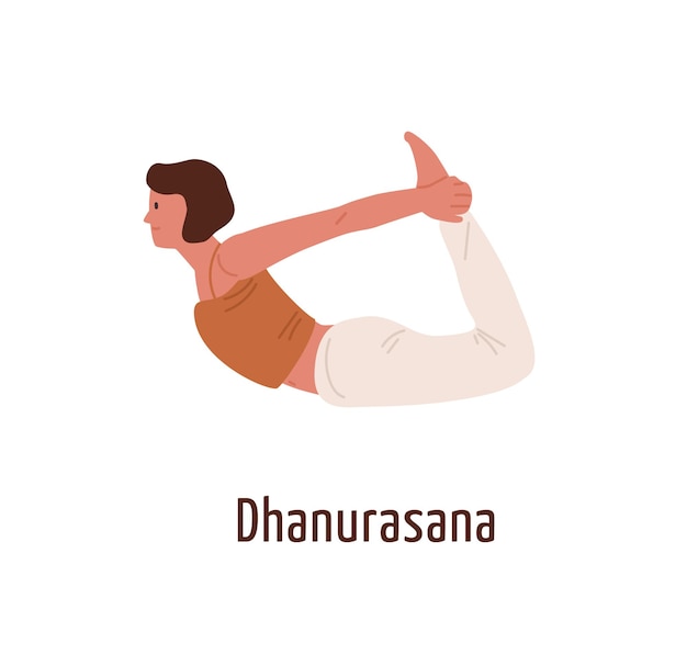 dhanurasana 위치 벡터 평면 그림에서 활성 만화 여성. 흰색 절연 활 포즈를 보여주는 유연한 요기 여자. 하타 요가를 연습하는 소녀 캐릭터.