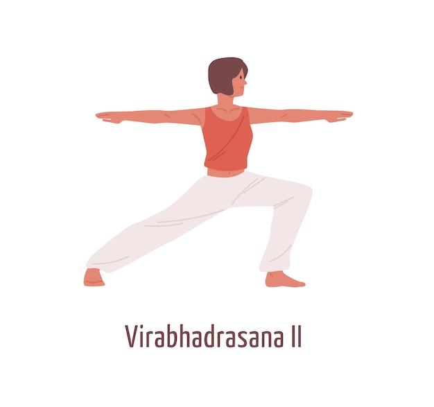 virabhadrasana II 위치를 연습하는 활성 만화 여자는 흰색에 고립