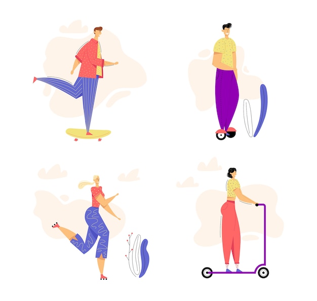 Vector active characters on modern urban transport set. young man riding skateboard.