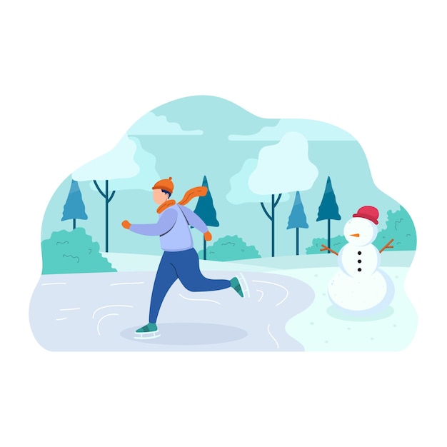 Active characters skiing, ice skating and snowman