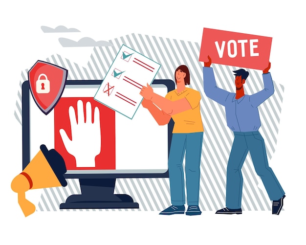 Vector active citizens taking part in online voting in democratic election or referendum