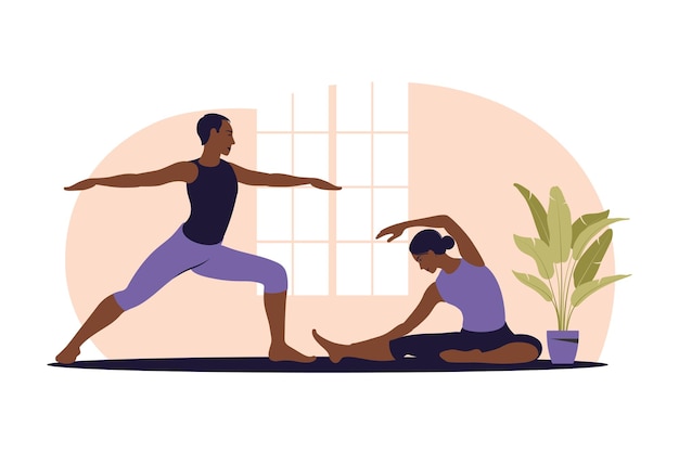 Active couple doing exercise. african man and woman training\
together at home. sport in a cozy interior. illustration.\
flat.