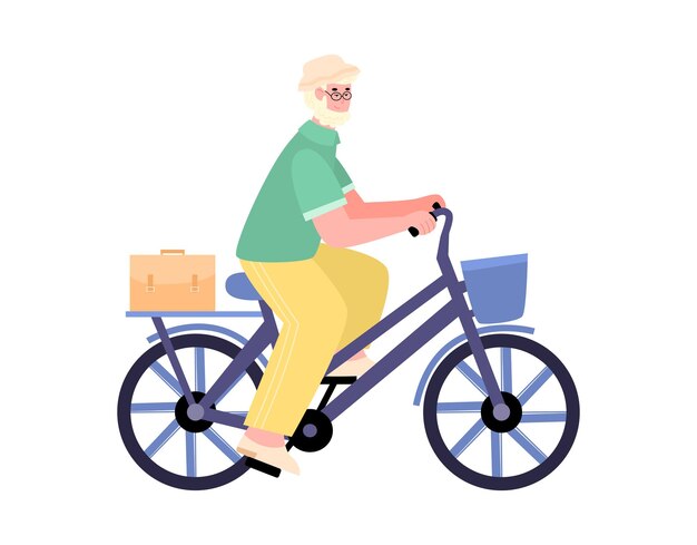 Active elderly man takes a bike ride cartoon vector illustration isolated