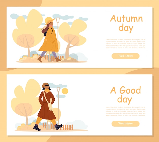 Active fashionable woman in autumn park banner set