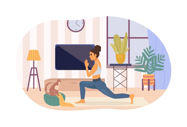 Vettore donna flessibile attiva che pratica yoga a casa