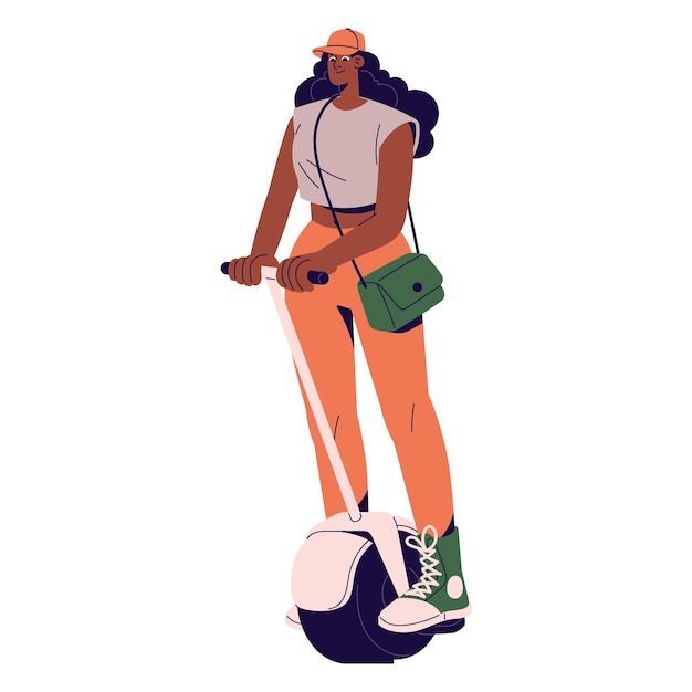 Active girl in cap rides on electric mono cycle wheel on walking Young woman with bag holds hands handlebar of unicycle Urban transport eco vehicle Flat isolated vector illustration on white