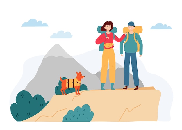 アクティブなハイキング観光客野外活動キャンプ旅行男とペットと一緒に山でトレッキングのバックパックを持つ女性