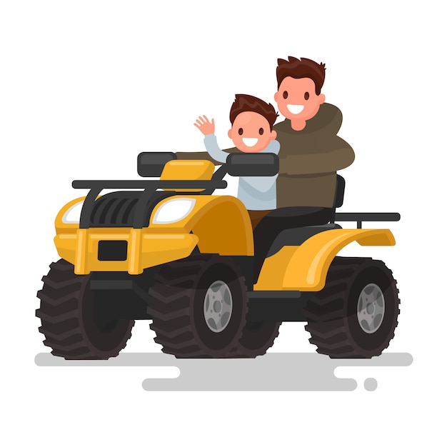 Vacanze attive. quad. l'uomo e il ragazzo stanno guidando un quad. illustrazione
