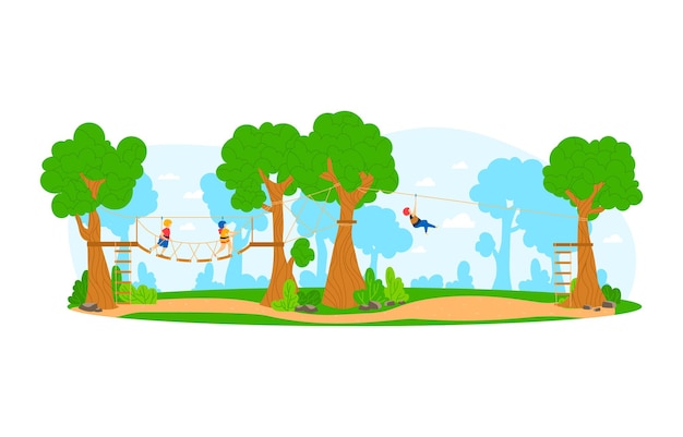 Active leisure at adventure rope park vector illustration active outdoor recreation at high forest