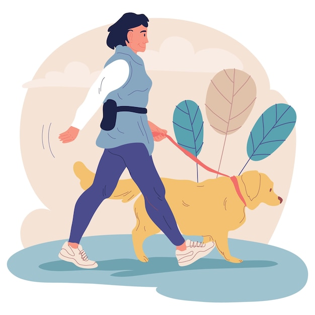 Vector active lifestyle character enjoying being outside walking with a dog