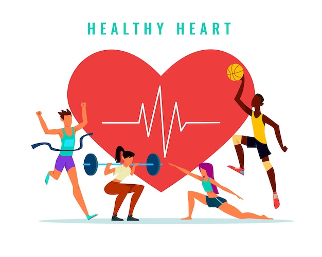 Vector active lifestyle health immunity protection from diseases people doing different sport men and women group running fitness and basketball healthy heart vector cartoon flat concept