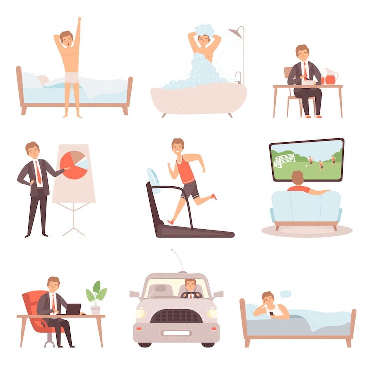 Vector active man daily routine. lifestyle everyday businessmen work busy people vector character isolated