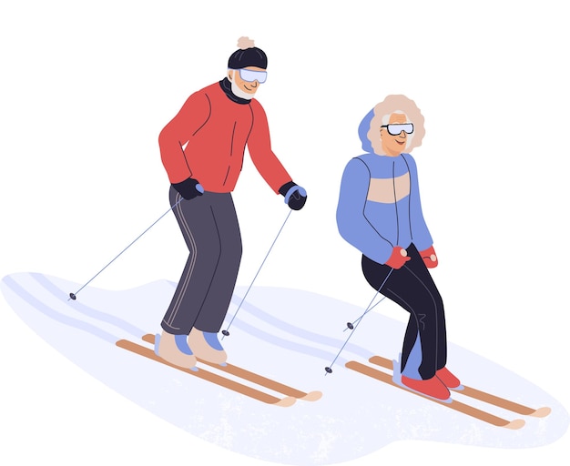 Active mature couple in sportswear ride on ski Eldery man and woman enjoying outdoor winter