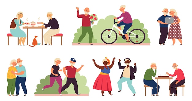 Active old people senior group activity diverse elderly couple party fun retirement cartoon dancing grandparents decent vector characters