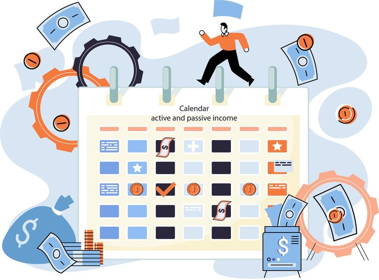 Vector active and passive income calendar investment and business strategy planning man creates plan for earning money making profit income payment schedule idea of financial growth and development