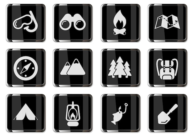 Ricreazione attiva e pittogrammi di campeggio in pulsanti cromati neri. set di icone per il design dell'interfaccia utente