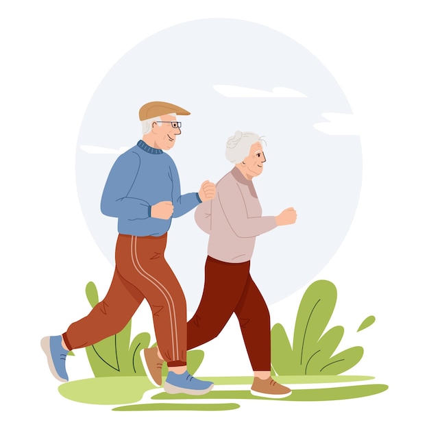 Active retirement elderly spends time outdoors vector illustration senior man woman jogging in park