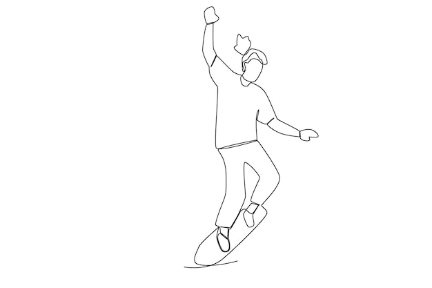 An active skater boy practising skateboard tricks in the skatepark one line art