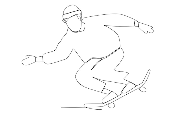 An active skater boy practising skateboarding in the skatepark one line art